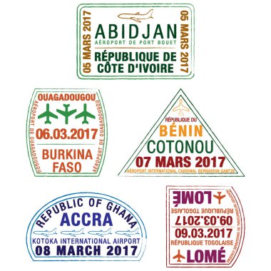 Fildişi Sahili, Burkina Faso, Benin, Gana ve Togo pasaport pulları