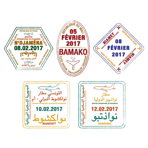 Selos de passaporte estilizados da Mauritânia, Chade, Mali e Níger em — Vetor de Stock