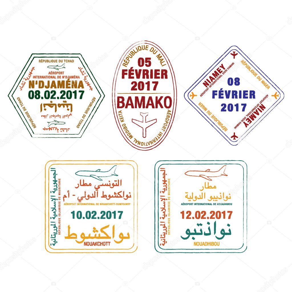 Stylized passport stamps of Mauritania, Chad, Mali and Niger in 