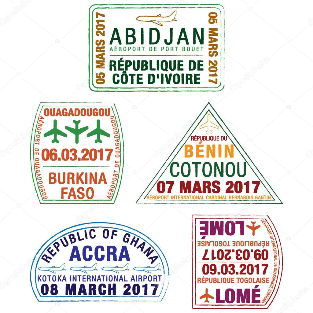 Passport stamps of Ivory Coast, Burkina Faso, Benin, Ghana and Togo
