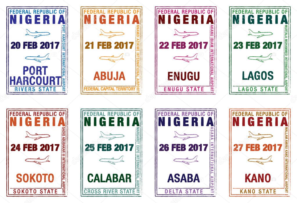 Stylised passport stamps of Nigeria in vector format.