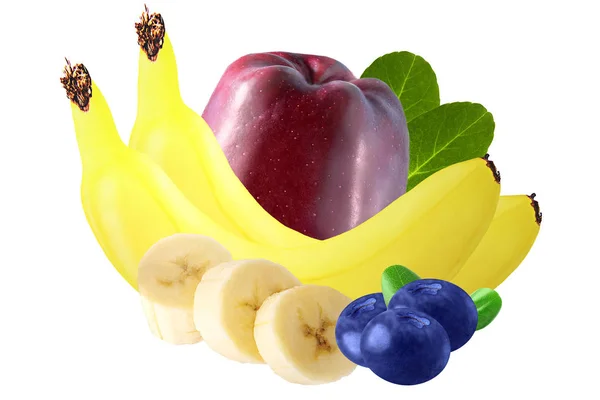 Geïsoleerde vruchten. Bosbessen, appel en banaan geïsoleerd op wit — Stockfoto