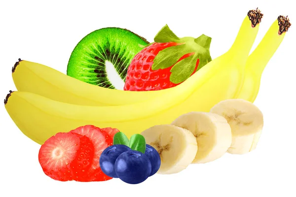Vereinzelte Früchte. Blaubeeren, Apfel und Banane isoliert auf weiß — Stockfoto