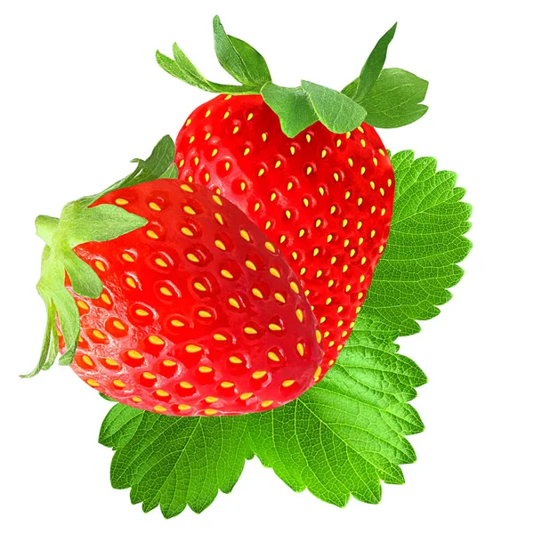 Zwei Erdbeeren mit Blatt isoliert auf weißem Hintergrund — Stockfoto