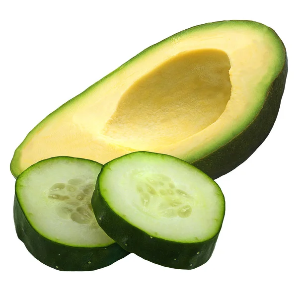 De helft van de avocado groenten en komkommer plakjes geïsoleerd — Stockfoto