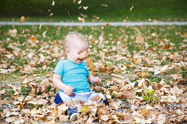 Malý chlapec si na podzim hraje s listím. — Stock fotografie