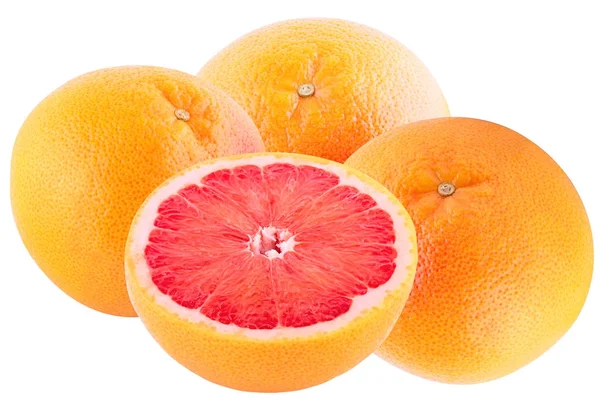 Three whole grapefruits and half isolated on white background wi — Stock Photo, Image