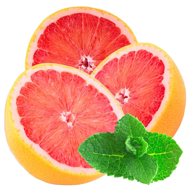 Three half grapefruits with mint isolated on white background — Stock Photo, Image