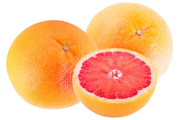 Дві цілі грейпфрути і половина ізольовані на білому — стокове фото