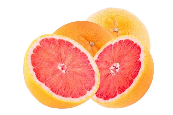 Zwei ganze Grapefruits und zwei halb isolierte auf weißem Hintergrund — Stockfoto