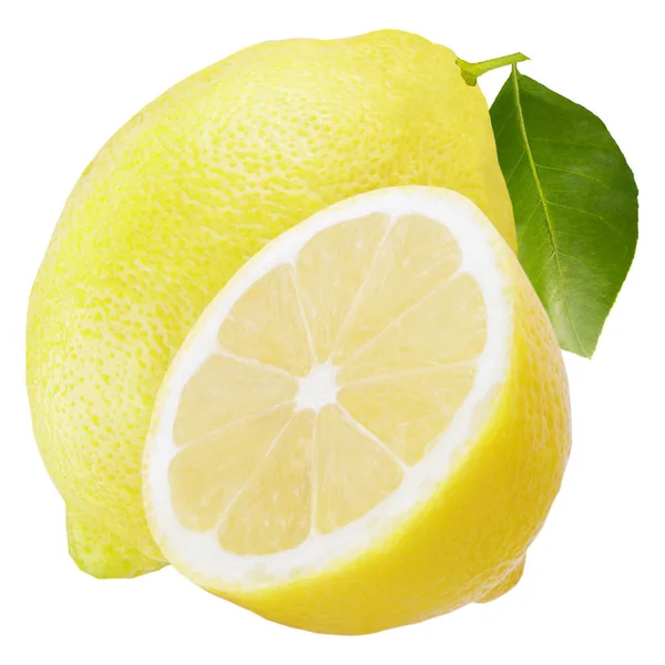 Один лимонный фрукт с половинкой и листом, изолированным на белом — стоковое фото