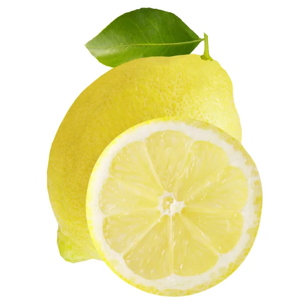 Bir bütün limon meyve ve üzerinde beyaz izole dilim — Stok fotoğraf