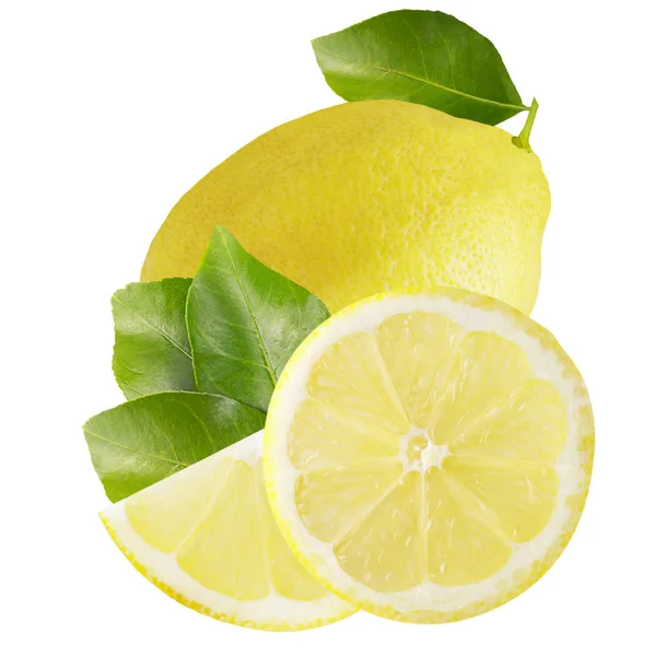 Один цілий лимон зі скибочками та листям ізольований на білому — стокове фото