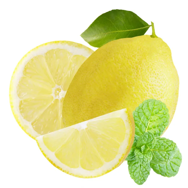 Satu lemon dengan irisan dan mint diisolasi pada putih — Stok Foto
