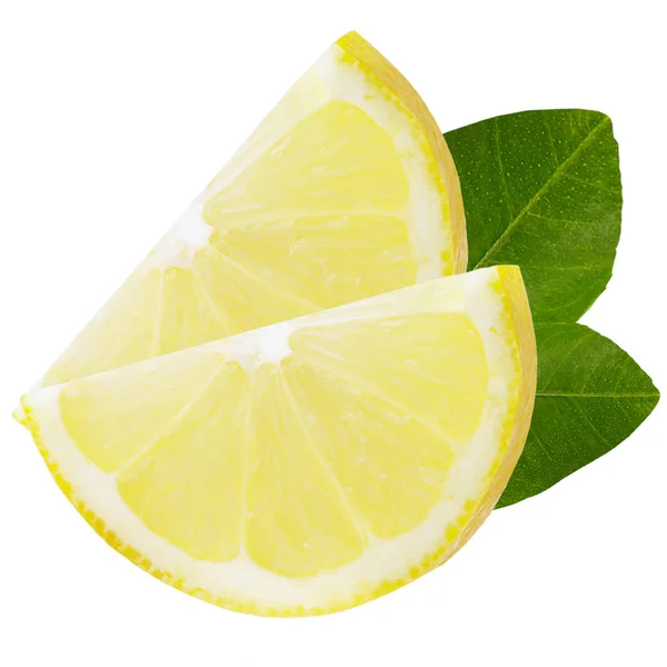 Два скибочки лимона з листям ізольовані на білому — стокове фото