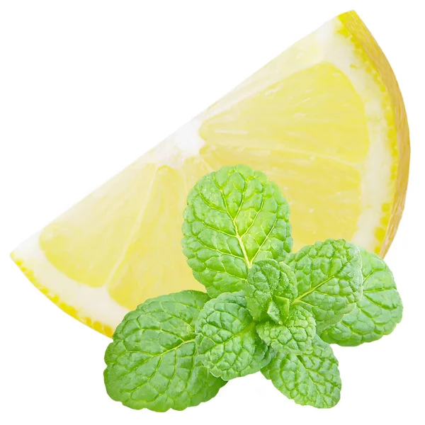 Cortar fruta de limón con hojas de menta aisladas en blanco —  Fotos de Stock