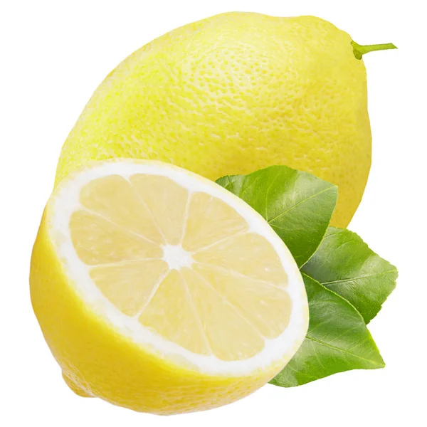 Um limão inteiro e metade com folhas isoladas em branco — Fotografia de Stock