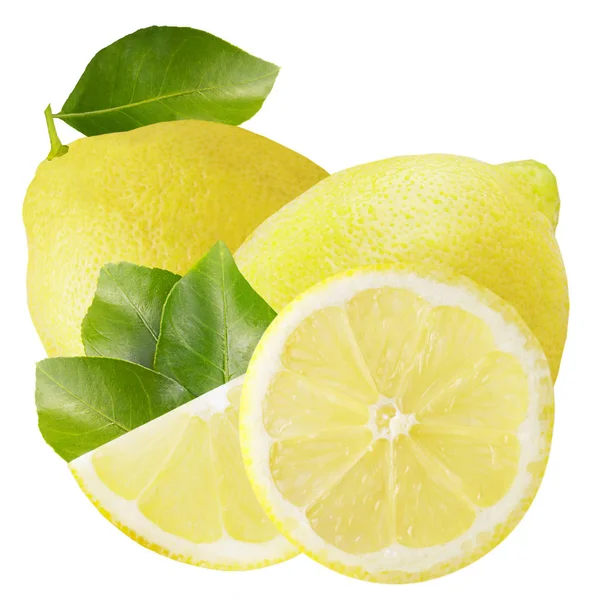 Due limoni interi con fette e foglie isolate su bianco — Foto Stock