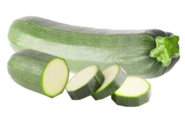Eine Zucchini und Scheiben isoliert auf weiß — Stockfoto