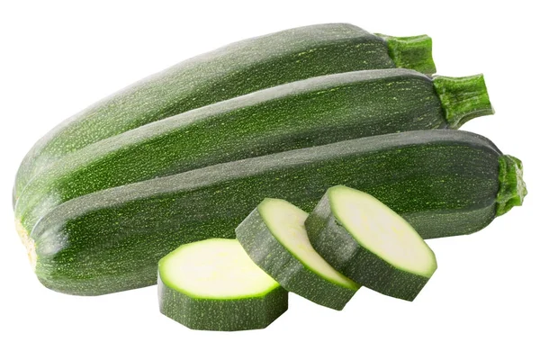 Drei ganze und Scheiben Zucchini isoliert auf weiß — Stockfoto