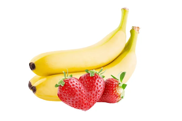 Drie aardbeien en drie bananen geïsoleerd op een witte pagina — Stockfoto