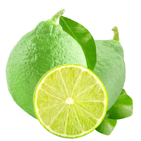 Två färska limefrukter wirh skiva och leaf isolerad på vit — Stockfoto