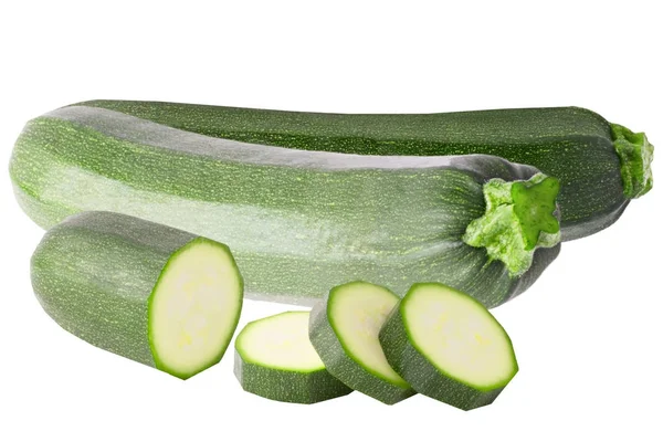 Zwei Zucchini und Scheiben isoliert auf weiß — Stockfoto