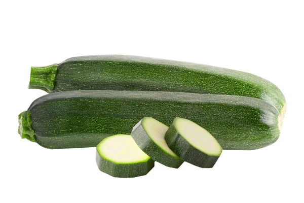 Zwei ganze Zucchini und Scheiben isoliert auf weiß — Stockfoto