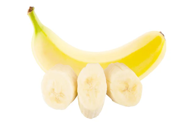 一个完整的新鲜香蕉和白色背景切片 — 图库照片
