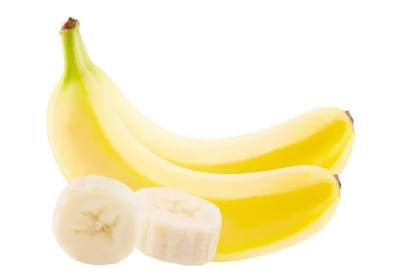两个完整的新鲜香蕉和 trhee 片在白色 — 图库照片