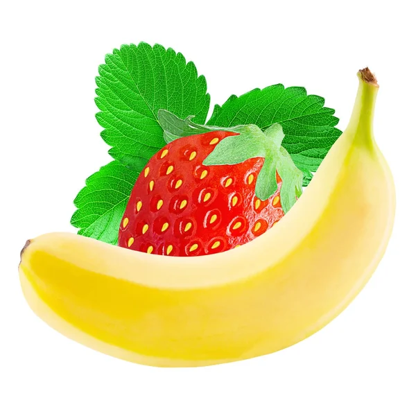 Banán a jahody na bílém pozadí — Stock fotografie