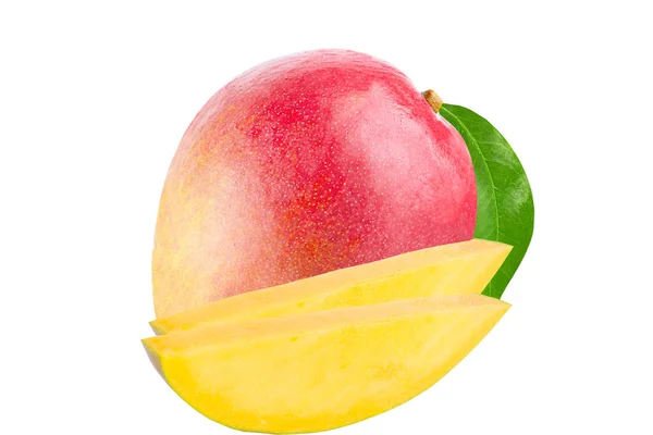Whole and slice mango with leaf on white — Stock Photo, Image