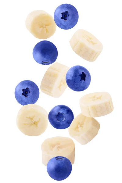 Fallande banan och blåbär isolerad på vit — Stockfoto