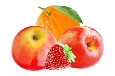  Taze elma portakal ve üzerinde beyaz izole çilek ile