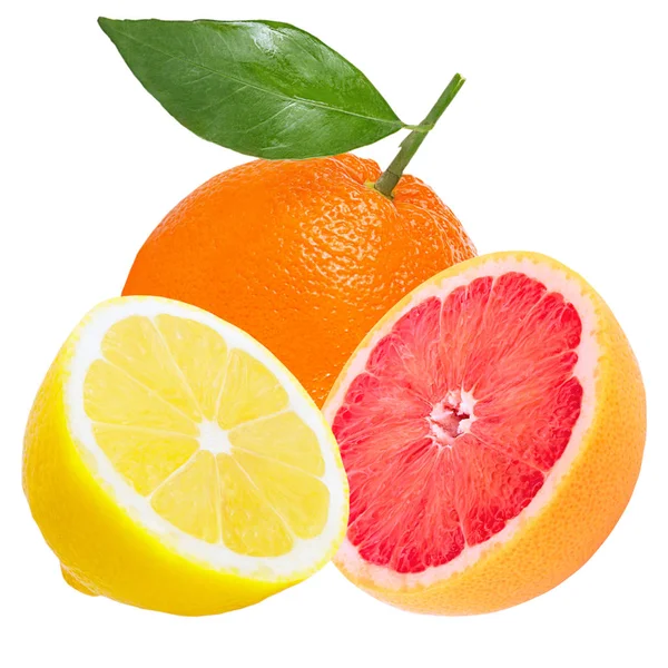 Frische Orange, Zitrone und Grapefruit isoliert auf weiß — Stockfoto