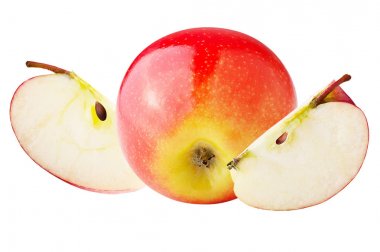 . Beyaz izole bir bütün ve dilim elma 