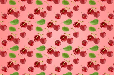 Pembe yüzeyinde yaprakları olan kiraz meyveleri deseni