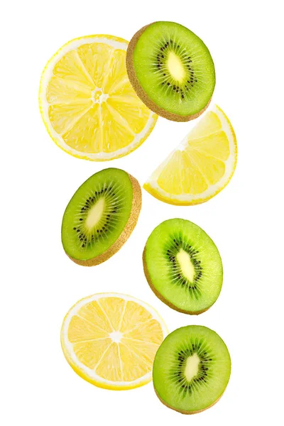 Frutas Voadoras Limão Flutuante Kiwi Frutas Isoladas Fundo Branco Com — Fotografia de Stock