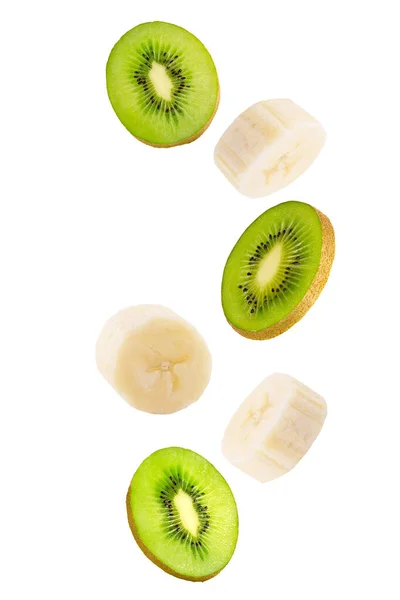 Frutas Voadoras Banana Flutuante Kiwi Frutas Isoladas Fundo Branco Com — Fotografia de Stock