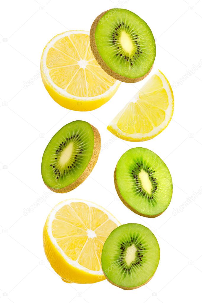 Flying isolated fruit. Floating kiwi and lemon fruits isolated on white background with clipping path as package design element and advertising. Full depth of field.