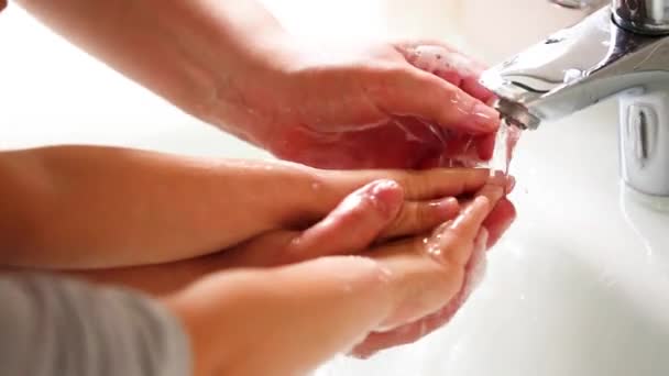 Mom Helps Baby Wash Hands Soap Faucet Close Coronavirus Prevention — Stock Video