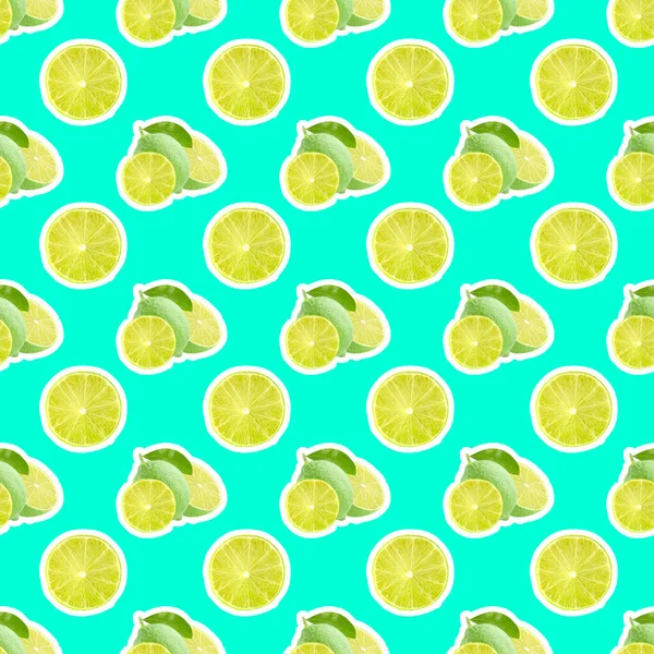 Zine Style Food Pattern Fresh Lime Fruits Light Cyan Backgroun — Stock Photo, Image