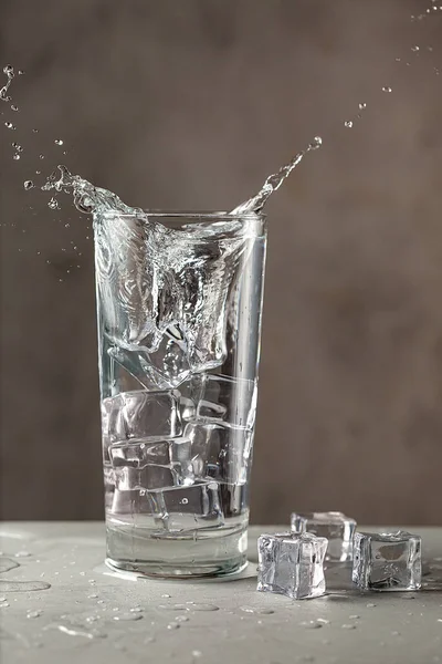 把杯子里的水和冰溅在一起 在炎热的夏天喝清凉解渴的饮料 集中精神纵向方向 — 图库照片