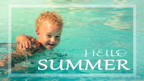 Hello summer. Child in a swimming pool with copy space for your text. Banner. Vacation message sign concept