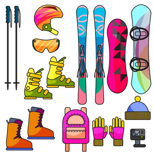 Kayak ve snowboard renk ekipman vektör hat Icon set.