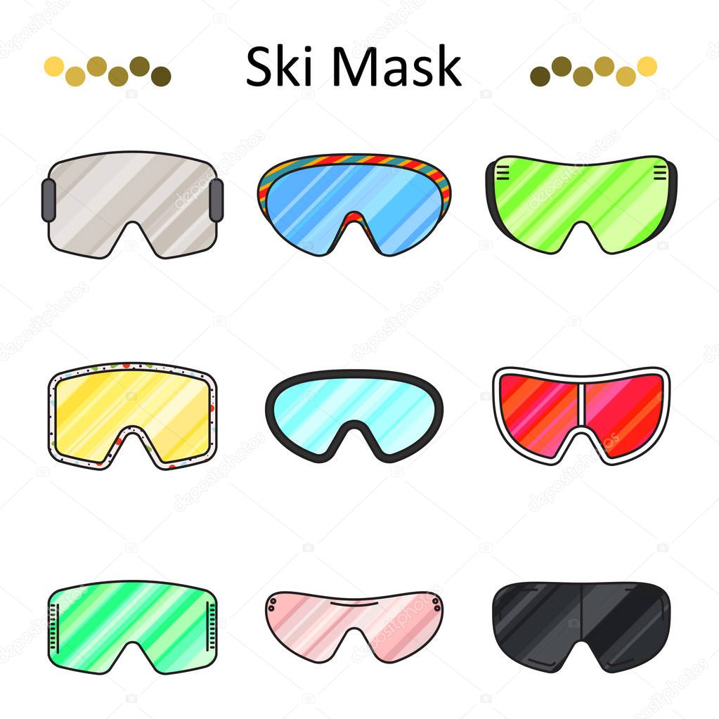Ski goggles color line set vector icon.