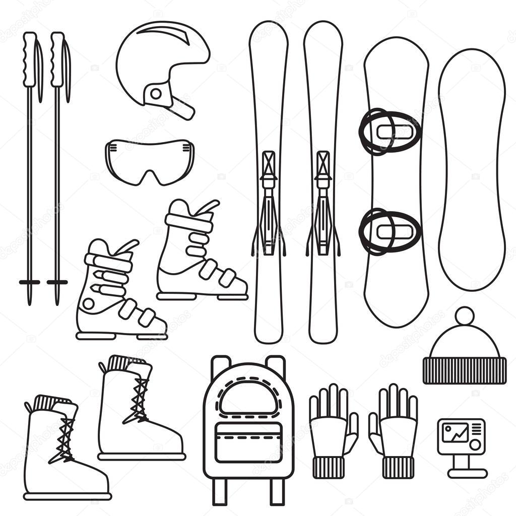 Ski and snowboard gear vector line icon set.