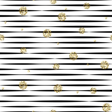 Altın ışıltı polka Noktalı çizgili siyah beyaz seamless modeli.
