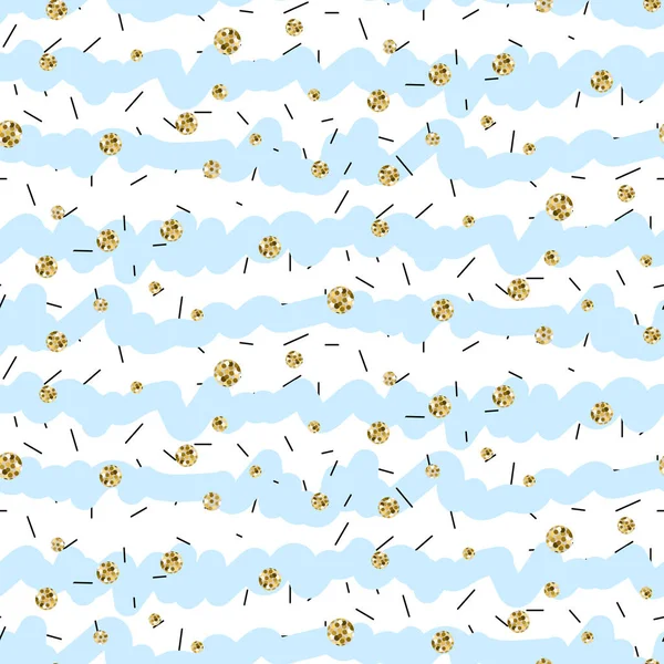 黄金ラメ水玉模様の青と白のフリル ストライプ シームレス パターン. — ストックベクタ