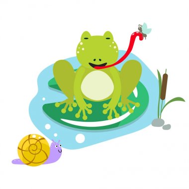 Güve gölet karikatür clipart vektör sette yemek kurbağa.